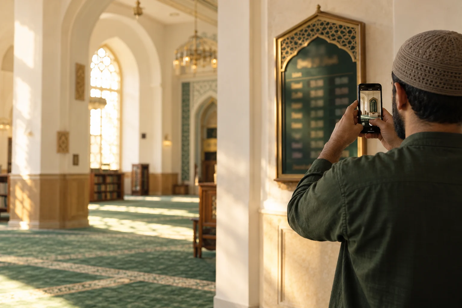 AI-generated illustration of a volunteer photographing a prayer board inside a sunlit mosque