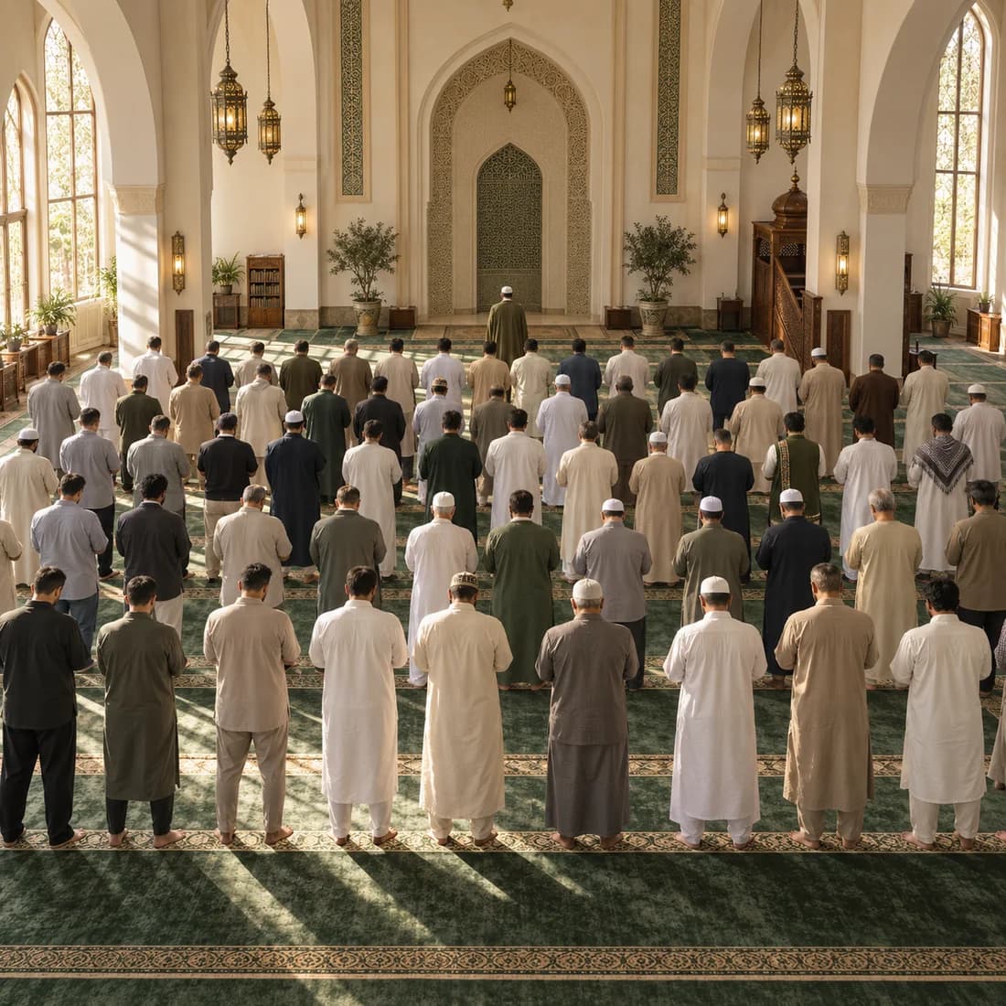 AI-generated illustration of many rows of worshippers attending Jama’ah in a warmly lit mosque