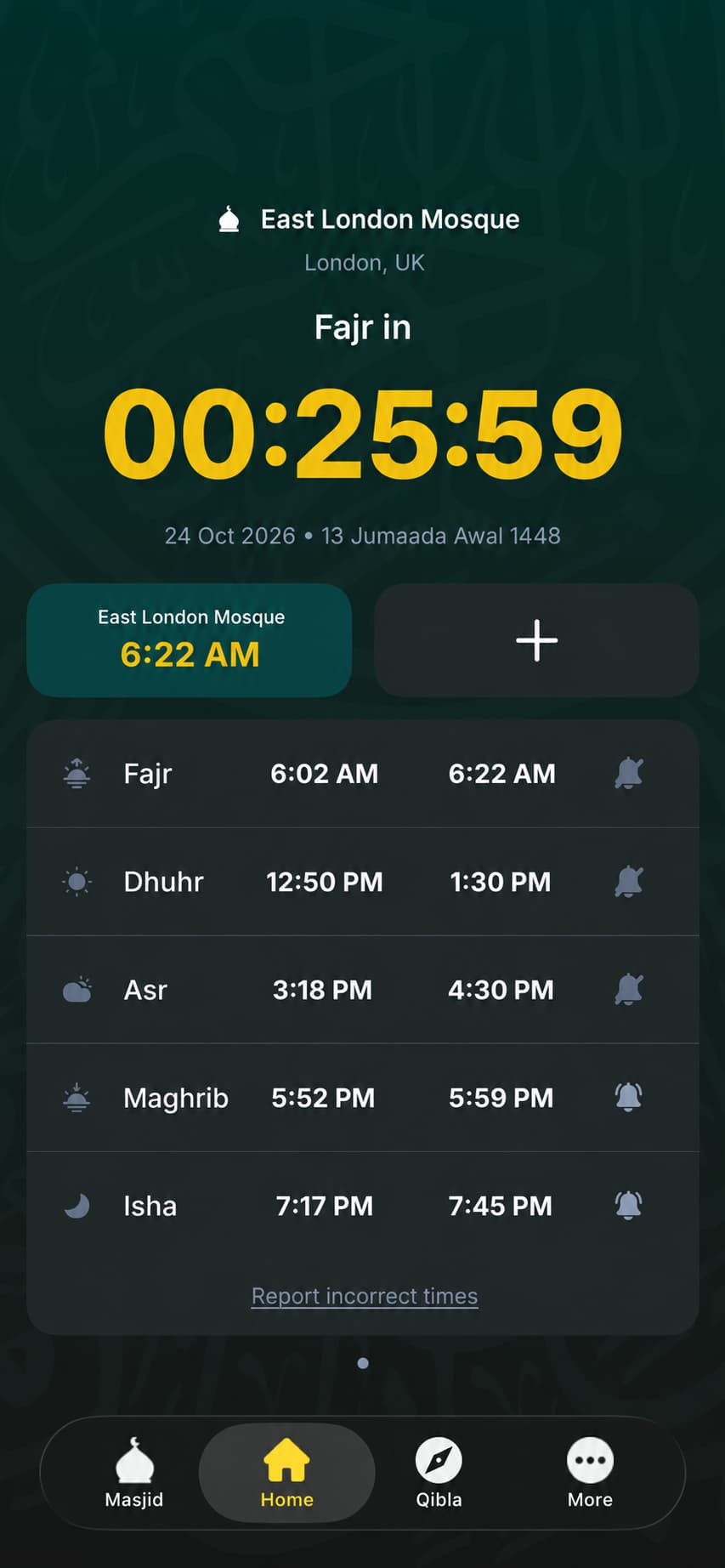 SalahSure home screen showing the next prayer
