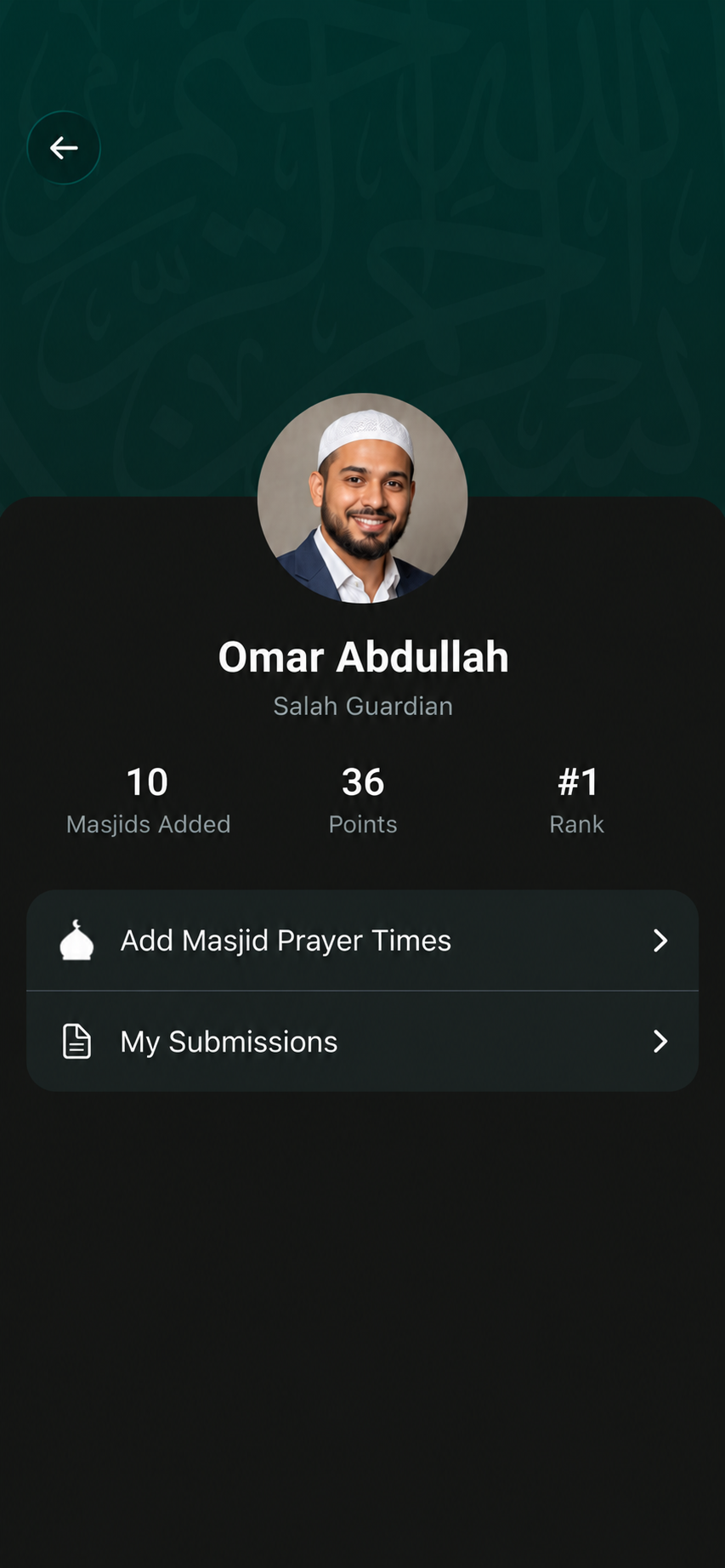 Salah Guardian profile with Add Masjid Prayer Times and My Submissions