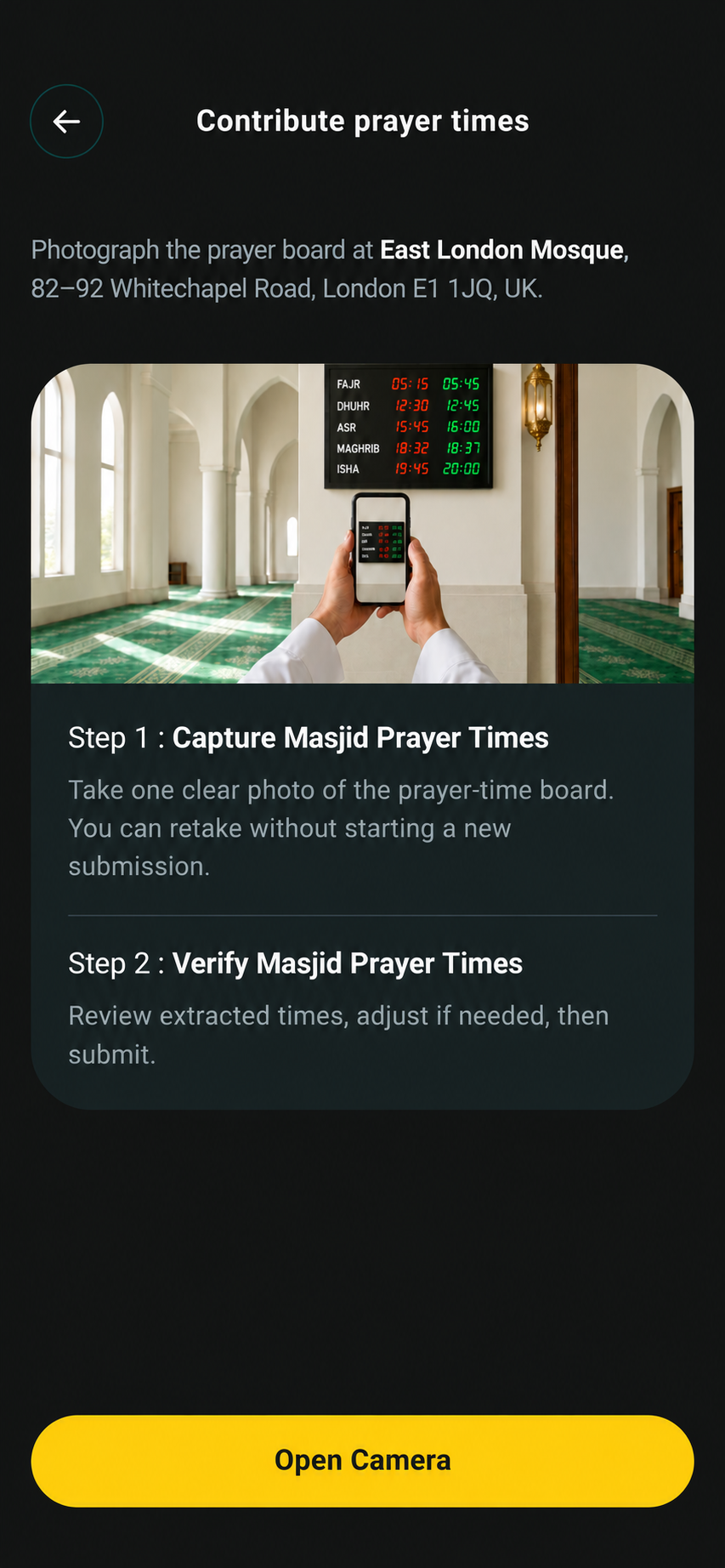 East London Mosque prayer-board capture instructions and Open Camera button