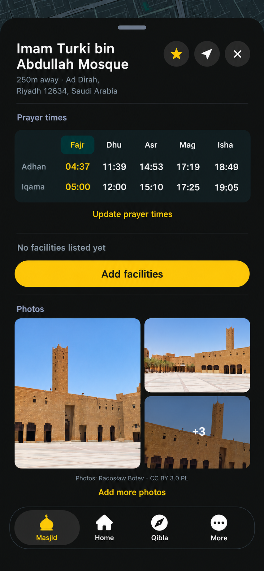 Imam Turki bin Abdullah Mosque details with Add facilities and Add more photos actions