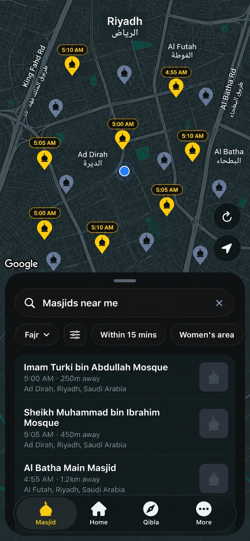 SalahSure map listing nearby Masjids in central Riyadh