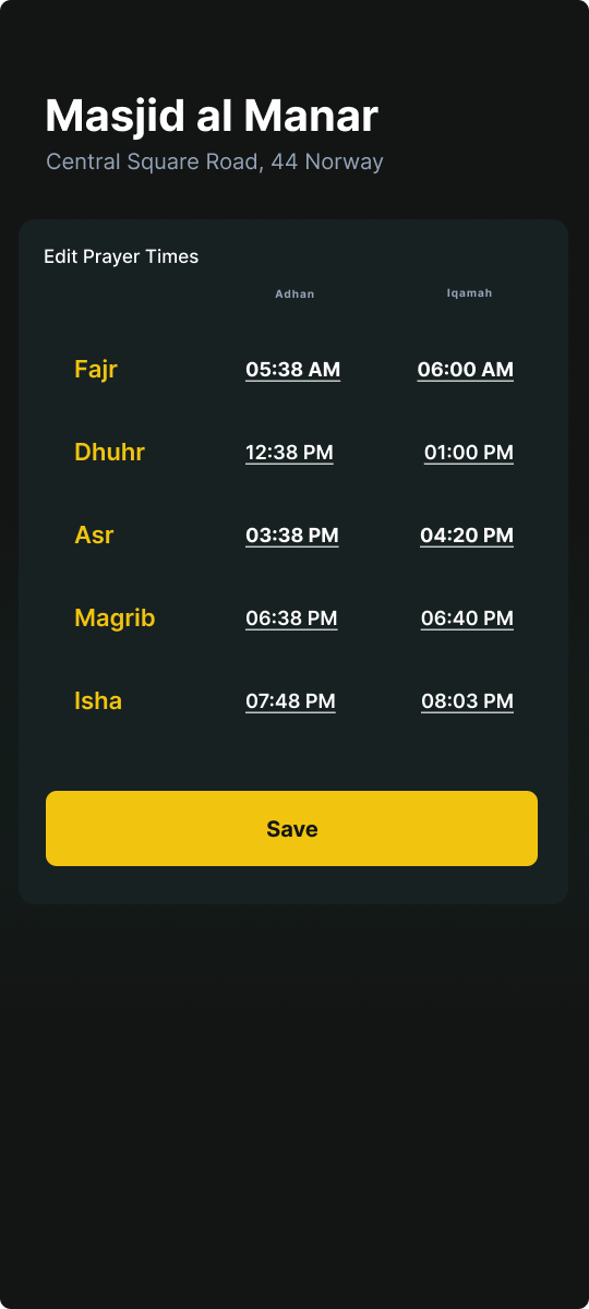 SalahSure prayer-time review screen with editable Adhan and Iqama values